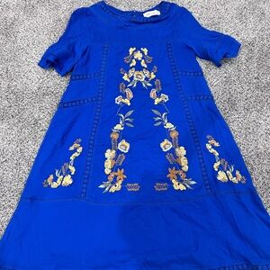 Brass & Roe Royal Blue Floral Embroidery Fully Lined Boho Summer Mini Dress XS